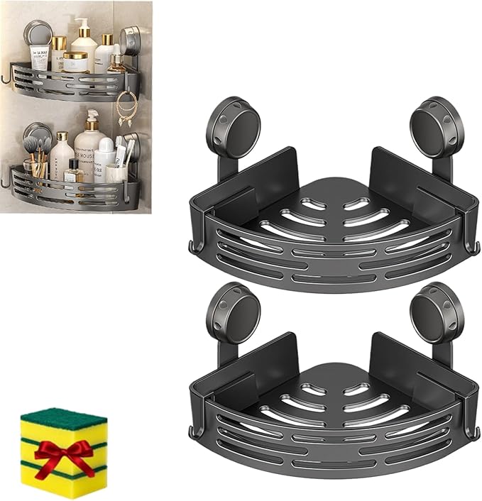 Suction Cup Corner Shower Shelf, No-Drill Bathroom Corner Caddy,Triangle Suction Cup Corner Shelves, Removable Wall Storage Rack (A)