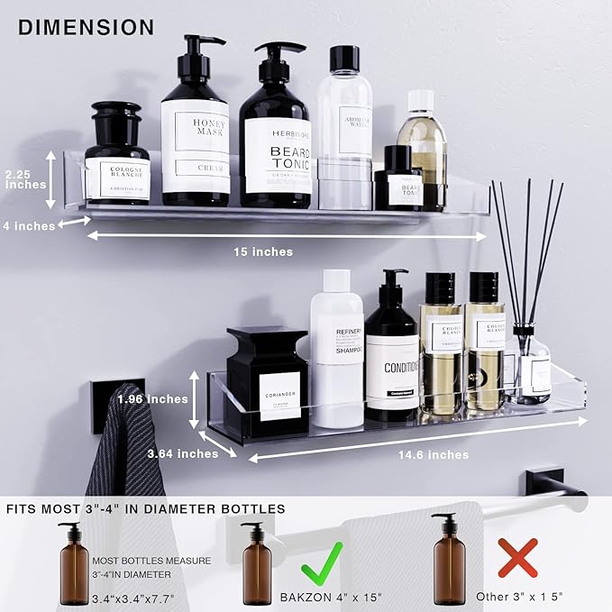 Acrylic Shower Shelves 2 Pack, Self Adhesive No Drill Bathroom Storage, Clear Wall Mount Organizer for Inside Shower