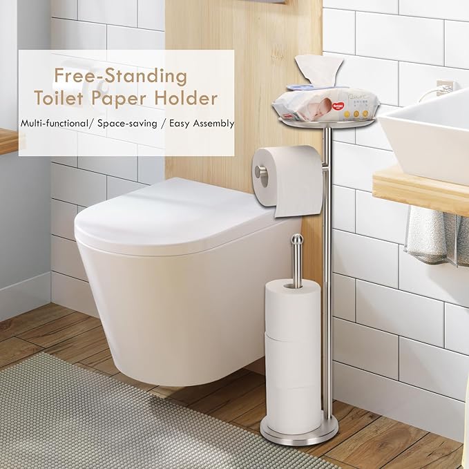 Toilet Paper Holder Freestanding with Big Shelf, 4 Rolls Reserve Paper Holder Stand, Modern Paper Roll Holder with Storage Space for Phones (Brushed Nickel)