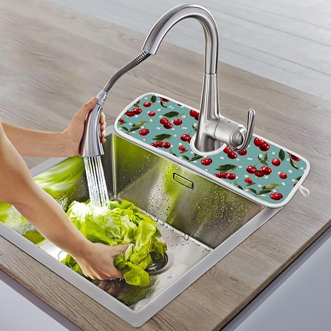 2 PCS Kitchen Sink Splash Guard 30 Inch Faucet Mat for Kitchen Sink Bathroom Sink Faucet Absorbing Drip Drain Mat Pad Microfiber Soft Washable Green Blue Cherry and Polka Dots