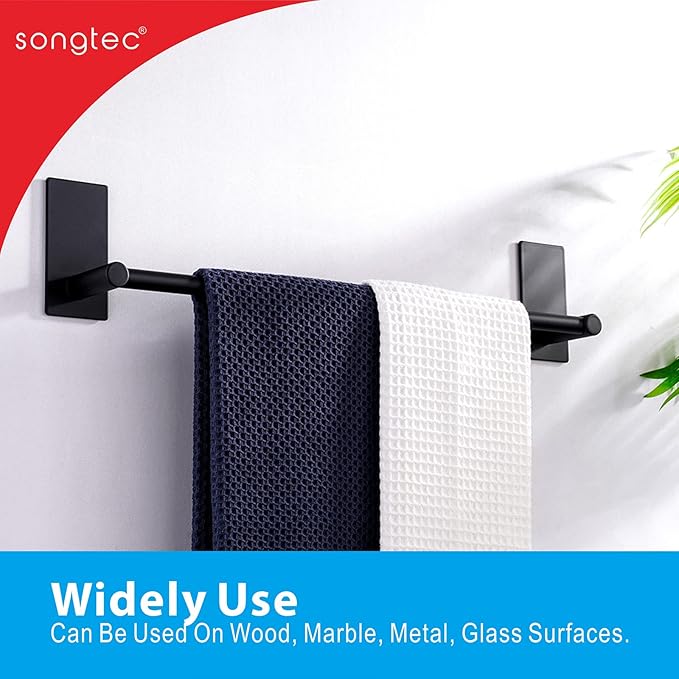 Adhesive Bath Towel Bar 24-inch Black, No Drill Stick On Towel Rack, Easy Install with Self-Adhesive, Premium SUS304 Stainless Steel (Black, 24)