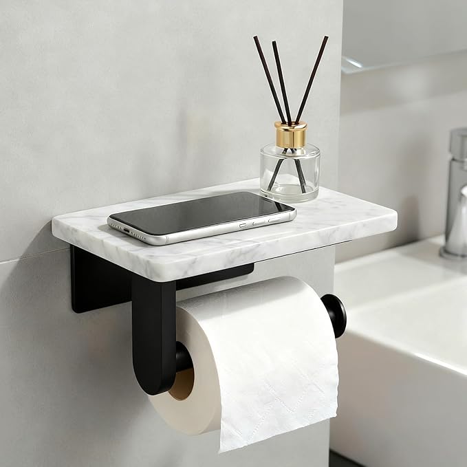 Toilet Paper Holder with Natural Marble Shelf for Bathroom Washroom,Wall Mounted Tissue Holder Suitable for Mega Roll (Small 6.7 * 4.3 in Matte Black)