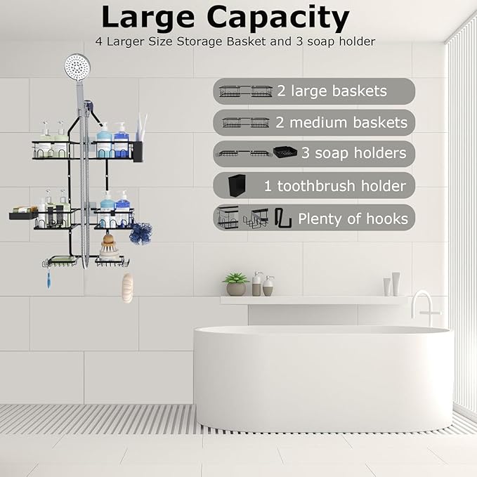 Shower Caddy Hanging Upgraded Adjustable Rustproof Shower Caddy Shower Organizer for Over Handheld or Fixed Shower Heads with Hooks Soap Holder Toothbrush Holder