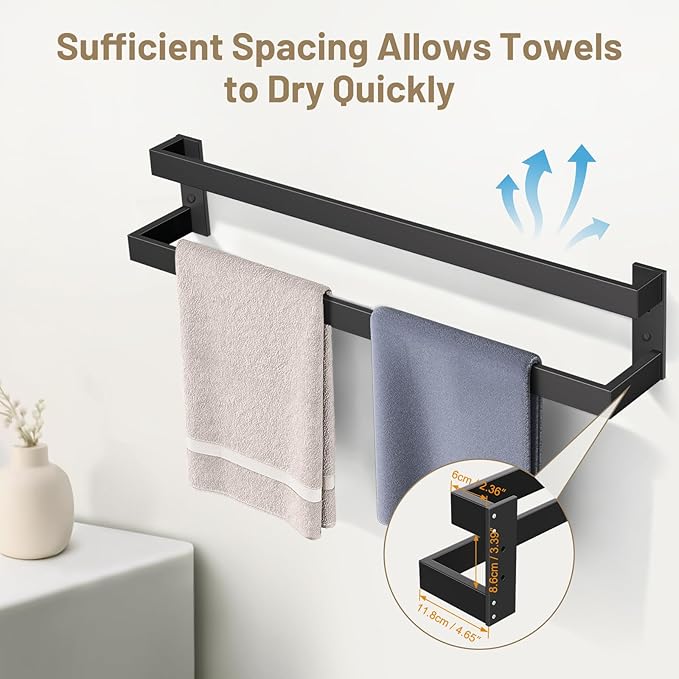 TNOMS Double Towel Bar,Towel Holder for Bathroom Stainless Steel Towel Rack Wall-Mounted Bathroom Towel Bar 24-Inch Bathroom Hardware Accessories,Matte Black