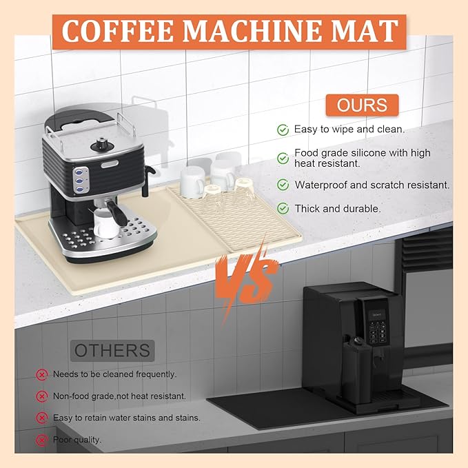 Silicone Coffee Mat - 24" x 16" Removable Bar Mat, Waterproof Leak-Proof Dish Drying Pad, Fits Under Coffee Makers and Espresso Machines to Keep Surfaces Clean, Beige