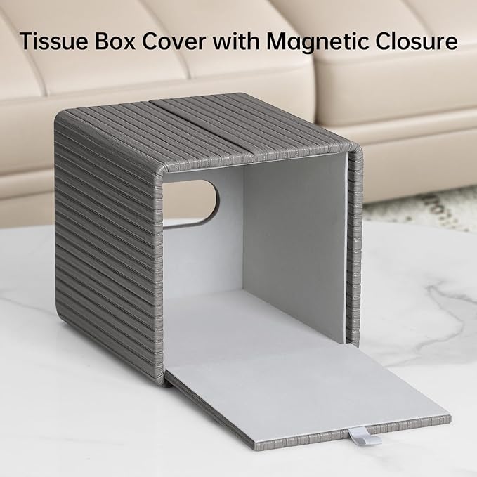 PU Leather Tissue Box Cover Square Tissue Box Holder with Magnetic Closure (Slate Grey)