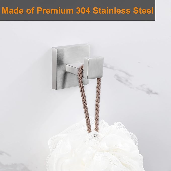 Nolimas Towel Hook Stainless Steel Bathroom Rustproof Clothes Towel Coat Hook Wall Mounted Square Toilet Kitchen, Heavy Duty Door Hanger, 6 Pack, Brushed Nickel
