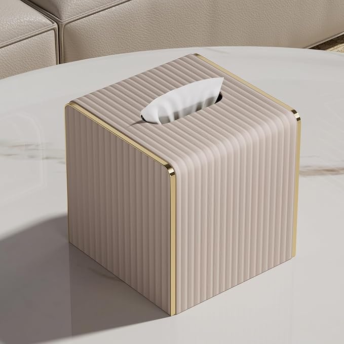 Tissue Box Cover,Beige Cube Leather Tissue Box Holders with Gold-Tone Edging Accents,Decorative Tissue Covers for Bathroom Toilet Bedroom Living Room Table Desk Office Car,Decor Aesthetic