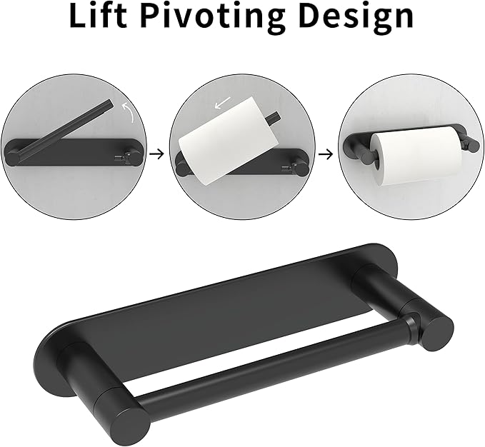Adhesive Toilet Paper Holder Matte Black Double Post Pivoting Bathroom Toilet Tissue Holder Roll Holder Stick On No Drilling Stainless Steel and Zinc Alloy