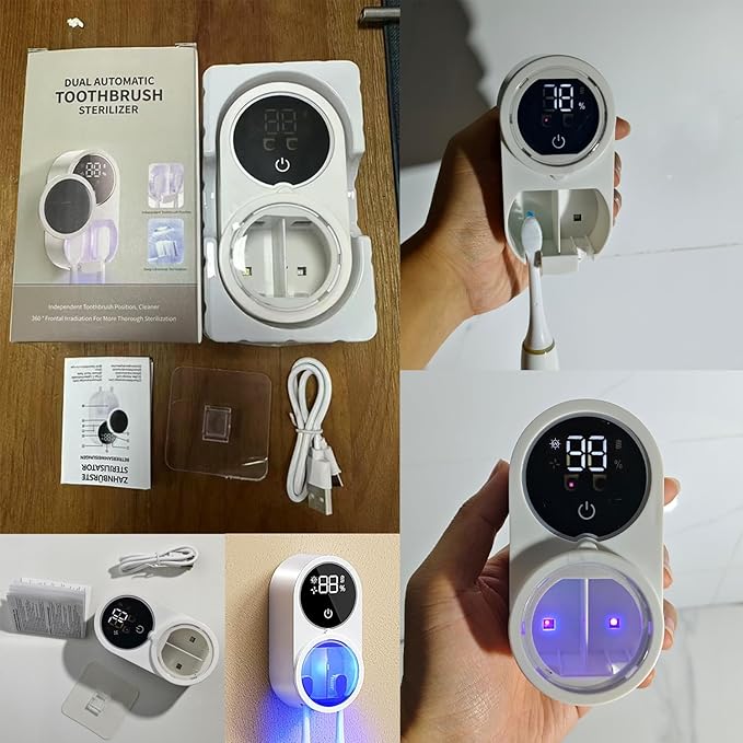 Wall-Mounted Toothbrush Holder for Bathrooms, Auto-Sensing Cover, Cleaner, Air-Drying Function, Rechargeable, with Led Smart Screen, Suitable for Electric and Manual Toothbrushes