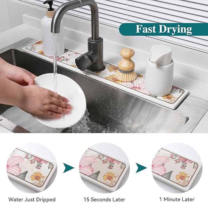 Stone Faucet Mat for Kitchen Sink, Diatomite Stone Sink Tray, 23.6" Super Absorbent Mat for Bathroom Counter, Prevents Moisture Buildup, Stone Drying Mat, Fast Drying Faucet Splash Guard