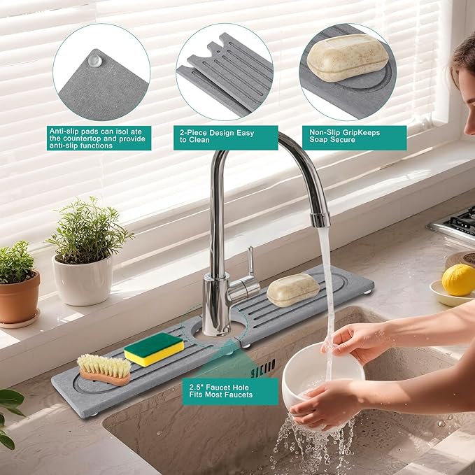 15.7”Drying Stone Faucet Mat for Kitchen Sink-Diatomite Quick Dry Kitchen Sink Splash Guard, Water Absorbent Diatomite Stone Tray,Durable Protector for Bathroom Counter (Grey, 15.7" X 3.9")
