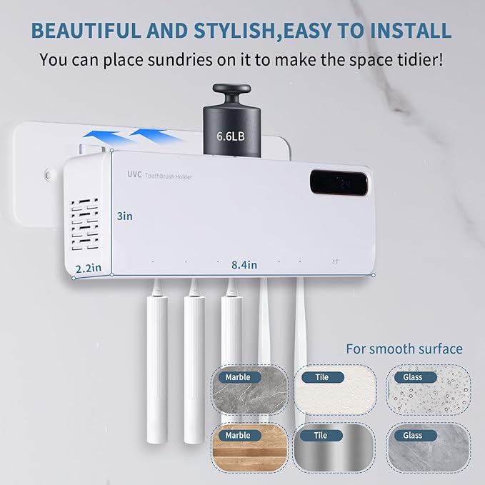 ZOZOO UV Toothbrush Sanitizeri Holder with 99.9% Cleaning,Air Dry,Heating,5+1+1 Slots,12 Hour Memory,Rechargeable Wall Mounted Strong Adhesive Toothbrush Holder with Cover for Bathroom(White)