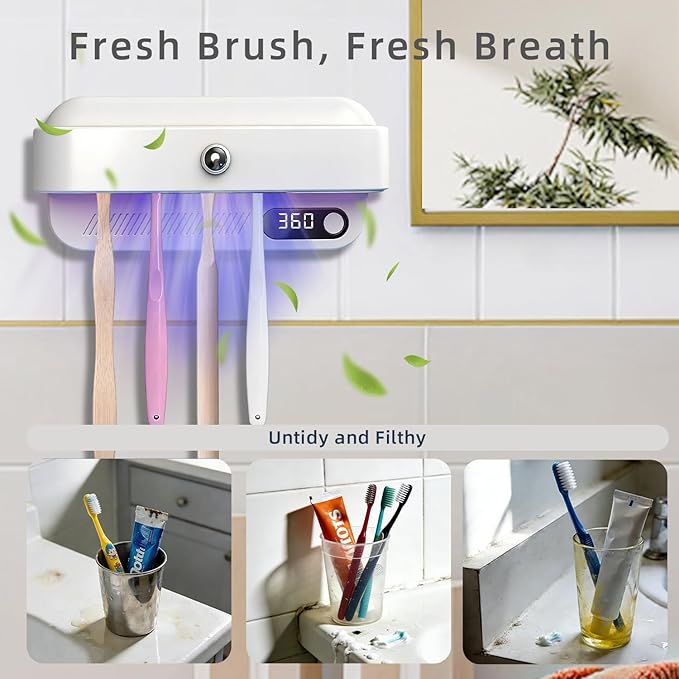 Wall Mounted Toothbrush Holder for Family Bathroom, Electric & Manual Toothbrush Organizer with Active Airflow Drying, Rechargeable, No-Drill Installation