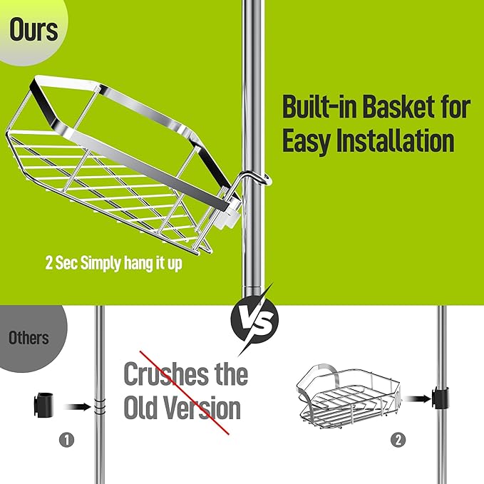 LAMU Corner Shower Caddy Tension Pole, Stainless Steel Shower Organizer, Strong Spring, 5 Adhesive Pads, 2.4" Non-Slip Grid Base, Adjustable 4-Tier Basket, 4 Hooks, Fits Heights 37.8-124", Silver