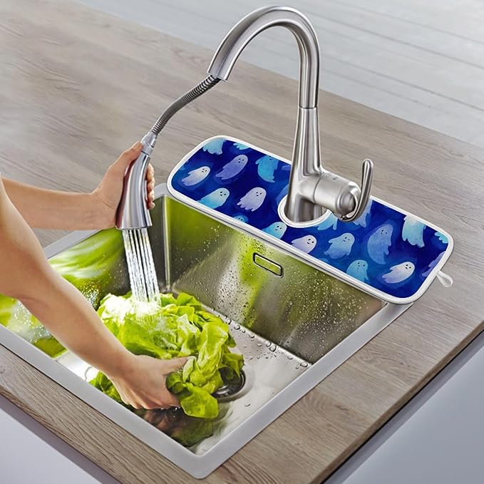 2 PCS Kitchen Sink Splash Guard 30 Inch Faucet Mat for Kitchen Sink Bathroom Sink Faucet Absorbing Drip Drain Mat Pad Microfiber Soft Washable Halloween Orange Blue Ghosts