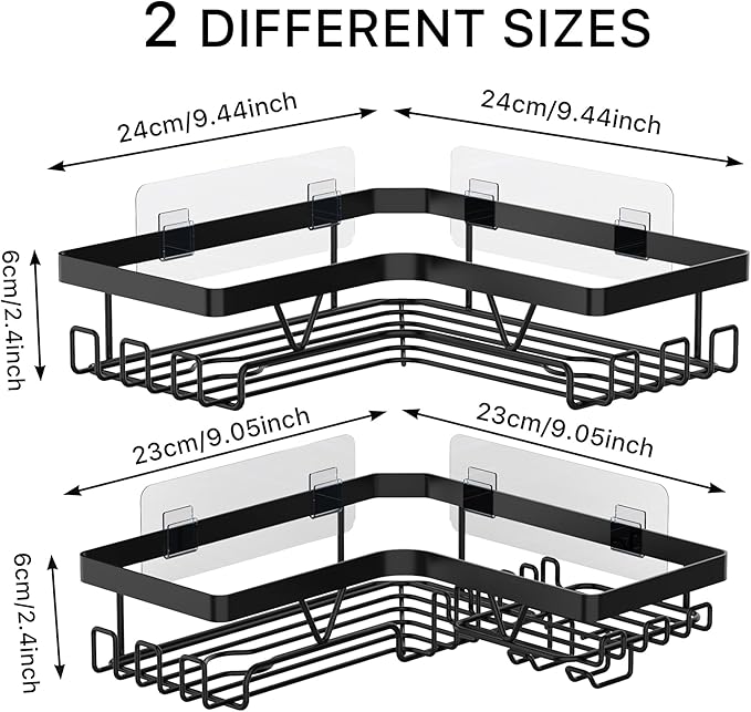 KEGII Corner Shower Caddy, Adhesive Shower Organizer with Soap Holder and Hooks, No Drilling Bathroom Shelf Rack, Black