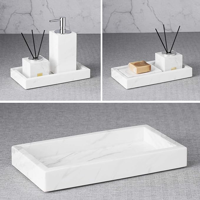 Marble Pattern Tray - Decorative Resin Vanity Tray Organizer for Bathroom, Kitchen, Coffee Table, 8-Inch White, Holds Perfume, Candles, Jewelry, Diffuser & Makeup