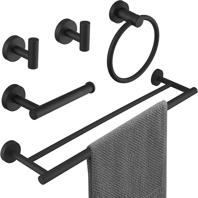 5Pcs Bathroom Hardware Set, Towel Racks for Bathroom Wall Mount, Stainless Steel Towel Bar Set with Toilet Paper Holder Hand Towel Holder Robe Hook Accessory Kit, Matte Black