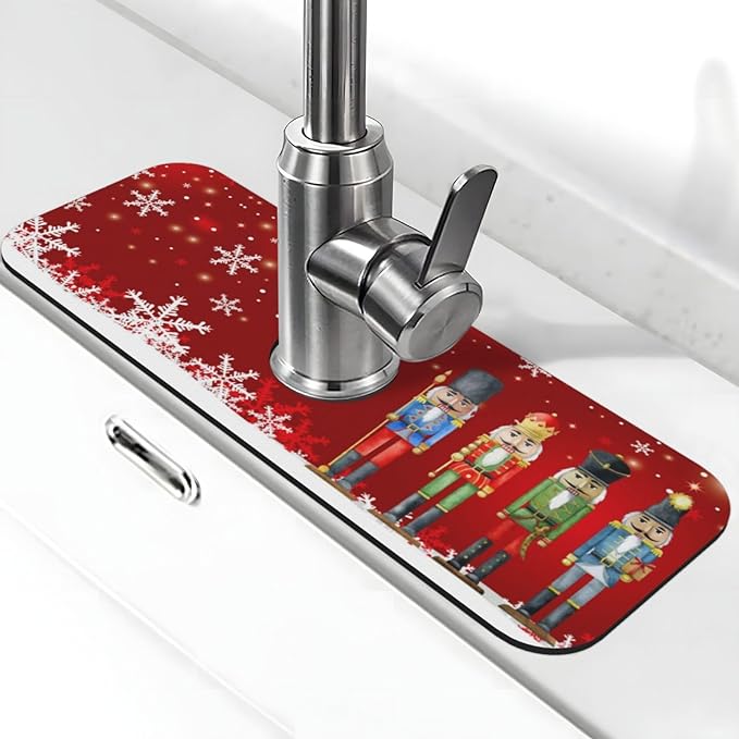 Christmas Snowflake Nutcracker Red 15" X 5.5" Kitchen Sink Splash Guard Faucet Faucet Guard Draining Mat Sink Splash Guard Faucet Kitchen Bathroom