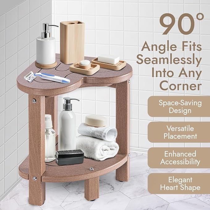 Corner Shower Stool for Inside Shower - Waterproof Corner Shower Bench, HDPE Plastic Bathroom Bench, Adjustable Height Corner Chair for Shaving Legs,Storage Shelf,Non-Slip Feet，Brown