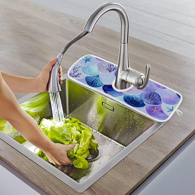 2 PCS Kitchen Sink Splash Guard 30 Inch Faucet Mat for Kitchen Sink Bathroom Sink Faucet Absorbing Drip Drain Mat Pad Microfiber Soft Washable Watercolor Mermaid Scales Starfish
