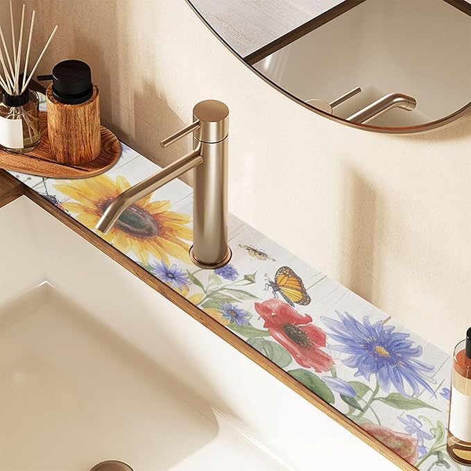 Watercolor Cornflower Butterfly Kitchen Sink Splash Guard Faucet Mat Diatomite Absorbent Pad for Bathroom RV 30x5.4in 1PCS water
