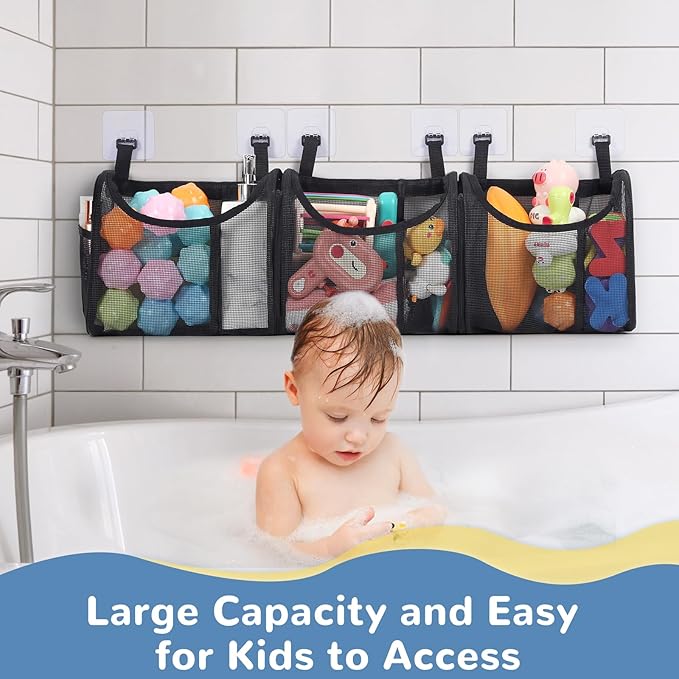 Bathtub Toy Storage, 6 Compartments Detachable Bath Toy Holder for Bathtub, Large Bath Toy Organizer, Quickly Dry Bath Toy Net Basket, Mesh Shower Caddy for Sorting Toys Toiletry - Black