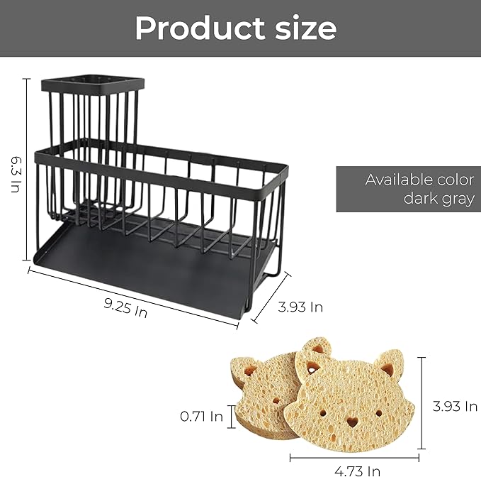 Black Stainless Steel Sponge Holder for Kitchen Sink with Rotating Drain Spout and High Brush Holder — Stainless Steel Sink Organizer for Sponges, Brushes, Soap and Bottles, Includes 2 Bear Sponges