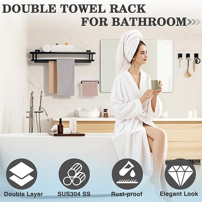 Alise Double Towel Rack for Bathroom Wall Mounted,24 Inch Bathroom Tower Holder Black Towel Rack with Double Towel Bars,SUS304 Stainless Steel Towel Bar Towel Rack with Shelf,Matte Black