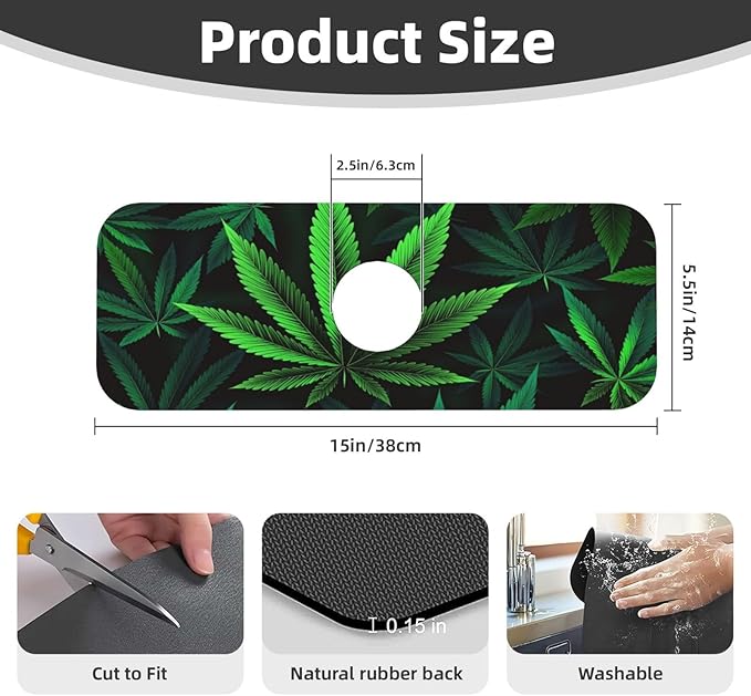 Cannabis Leaf 15" X 5.5" Kitchen Sink Splash Guard, Faucet Guard Draining Mat, Faucet Suction Pad For Kitchen Bathroom