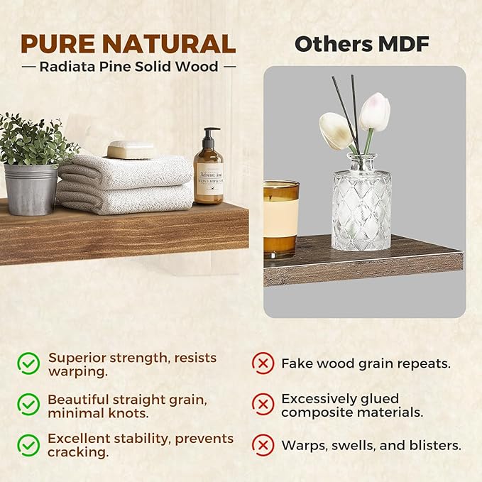 Floating Wall Shelves 30x6.8x1.7 Inch – Solid Wood Rustic Shelves in Dark Oak Finish – Wall Mounted Heavy Duty Display Shelf for Kitchen, Bedroom, Living Room – Set of 2