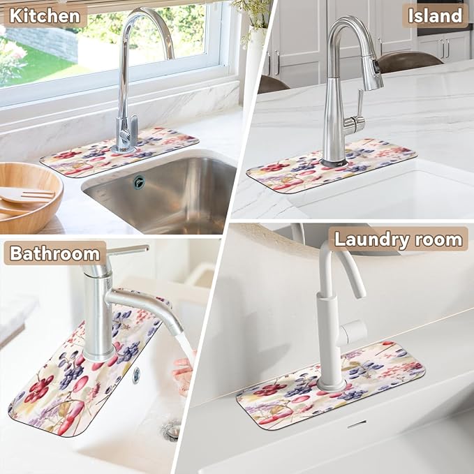 Watercolor Berry Cluster Kitchen Faucet Mat Splash Guard, 15.4”x5.7” Absorbent Quick Drying Sink Mat for Countertop Protection, Draining Mat Sink Protectors For Kitchen Bathroom, 1 Pack