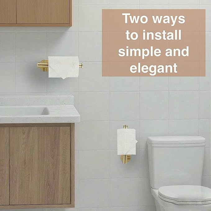 2 Pack Gold Toilet Paper Holder Self Adhesive no Drilling Wall Mount SUS304 Stainless Steel Rustproof Toilet Roll Holder for Bathroom, Washroom