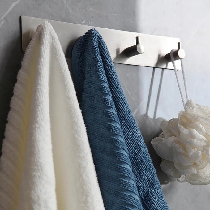 Self Adhesive Towel Hooks for Bathrooms Brushed Nickel Stick on Wall Bath Hanger Peel and Matte Shower Coat hook Mount 4 hooks, Silver