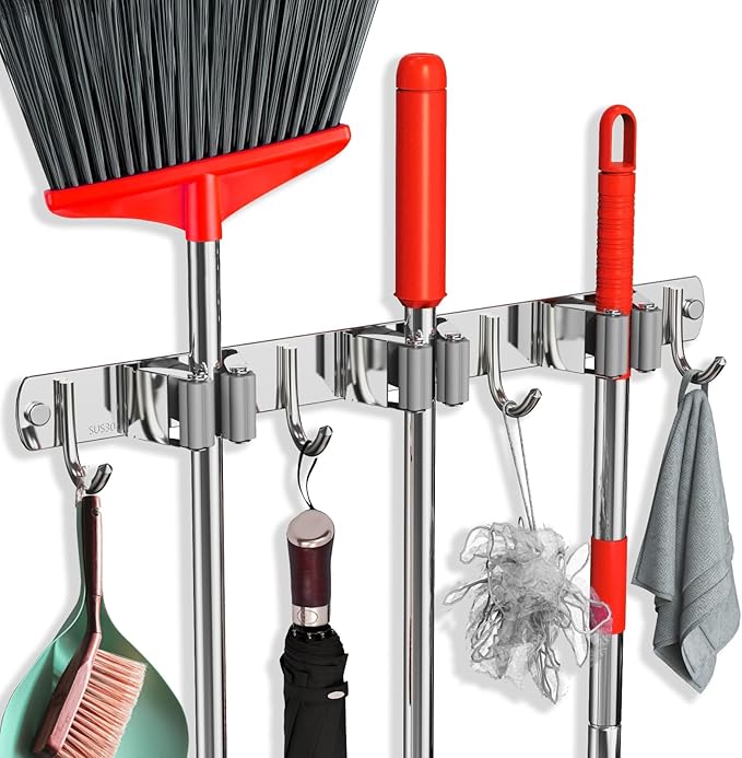Mop and Broom Holder Wall Mount, Upgraded Broom Hanger Wall Mount, Stainless Steel Broom Organizer for Closet Garage Laundry Room Kitchen Wall Decor(3Racks 4Hooks Silver)
