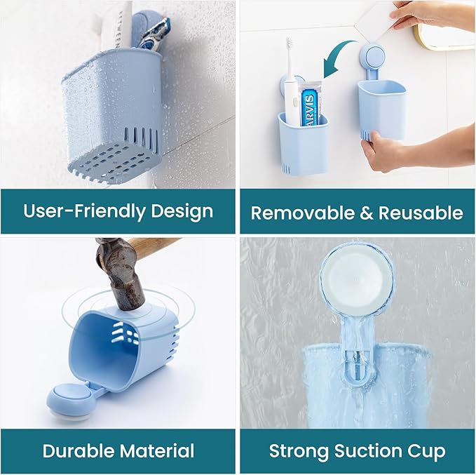 TAILI Suction Toothbrush Holder, Powerful Toothpaste Toothbrush Suction Cup, Self-draining Shower Razor Holder, Shower Toothbrush Holder for Wall, Kitchen Tableware Holder, Blue