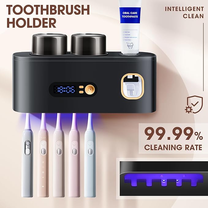 Upgrade Toothbrush Sterilizer,Toothbrush Holder for Bathroom,Tooth Brush Cleaning Tool with Toothpaste Dispenser Wall Mounted Type-C Charging with 2 Cups (Grey)