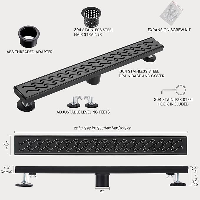 28 Inch Linear Shower Drain, Matte Black Shower Drain, Removable Grate, 304 Stainless Steel, Easy to Install and Clean for Bathrooms (Drain Base Not Included), LSD-08A-28B