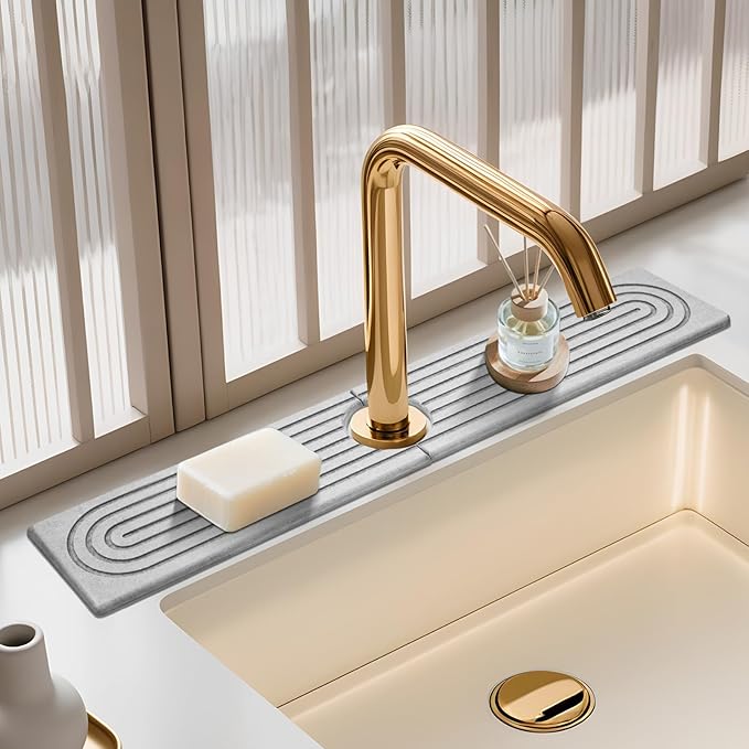 Light Gray Rectangle 23.6" Diatomite Faucet Mat&Stone Sink Tray–Quick Drying,Super Absorbent Splash Guard for Kitchen&Bathroom Sink | Countertop Protector with Smoothing Tool