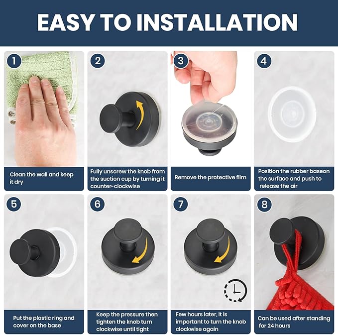 Vacuum Suction Cup Hooks for Shower 6 Pack, Heavy Duty Aluminum Alloy Towel Hooks for Bathroom Kitchen Glass Tile Mirror Wall No Drill Removable Robe Loofah Coat Suction Hooks Hanging-Black