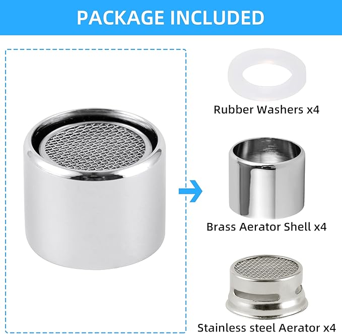 iFealClear 4 PCS Faucet Aerator, Kitchen Sink Faucet Aerator Adapter with Solid Brass Shell, 55/64 inch Female Thread Water Conserve Filter with Gasket for Kitchen and Bathroom, Chrome