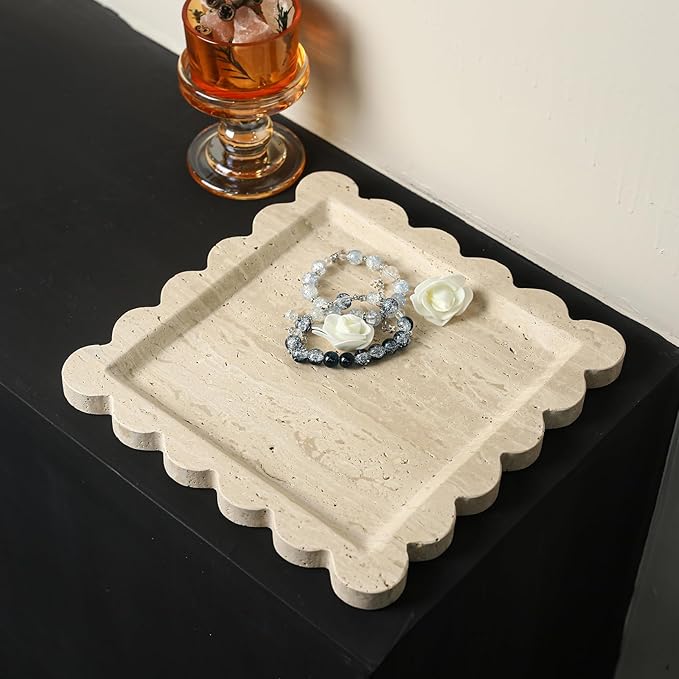 Natural 100% Marble Vanity Tray Luxury Scalloped Marble Tray, Travertine Tray for Home Decor Bathroom Kitchen Candle Key (Square-9.8 * 9.8-Beige Travertine)