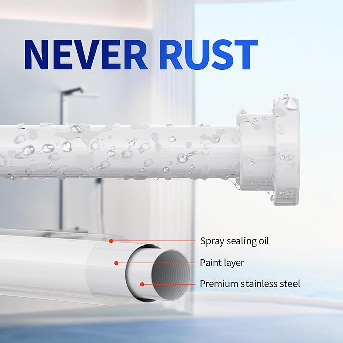 Shower Curtain Rod, 1" Diameter Heavy Duty Tension Shower Rod, Non Slip Adjustable 28-102 inch No Drilling Shower Curtain Rods Spring Tension For Bathroom, Shower Stall, No Rust, White
