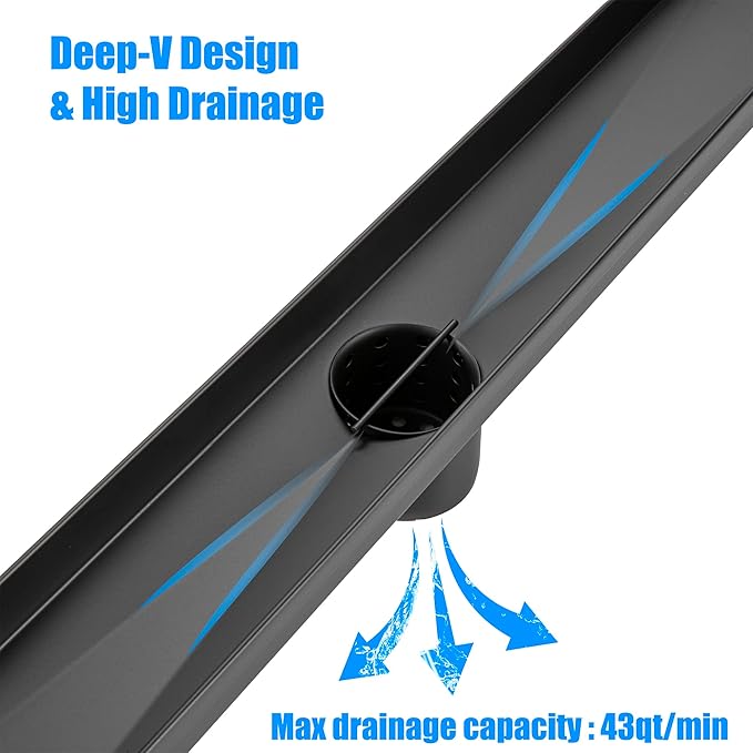 32 inch Linear Shower Drain with Removable Square Hole Panel by Using 304 Stainless Steel Process, Linear Drain Equipped with Adjustable Feet and Hair Strainer（Matte Black Color）
