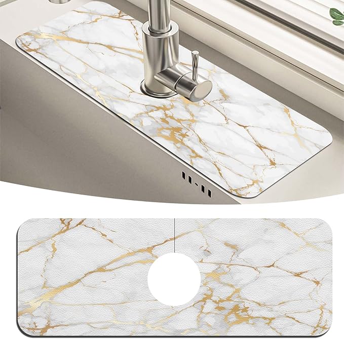 MCALK Marble White Kitchen Sink Faucet Mat Splash Guard, Absorbent Quick-Dry Kitchen Sink Mat - Ideal for Splash Guard & Drip Catching with Modern Art Decor( 1pc 15"x5.5")