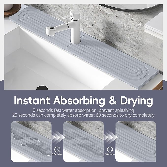 Absorbent faucet mat for Kitchen Sink - Water Absorbing Stone Tray for Sink, Diatomite Fast-Drying Faucet Mat,Faucet Splash Guard for Kitchen,Bathroom Sink (Light Grey, 15.8" x 3.9")