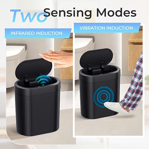 2 Pack 5 Gallon Bathroom Trash Can with Lid, Automatic Motion Sensor Black Trash Can, Touchless Slim Waterproof Garbage Bin for Kitchen, Bedroom, Office, and Bathroom