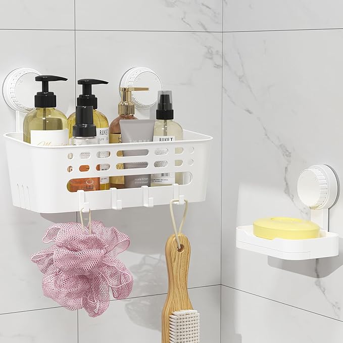 Lifewit Suction Cup Shower Caddy + Soap Dish, Removable Large Basket and Bar Soap Holder for Inside Shower, NO-Drilling Bathroom Kitchen Organizers, 26 x 17 x 14 cm/10 x 5 x 7 inch, Set of 1