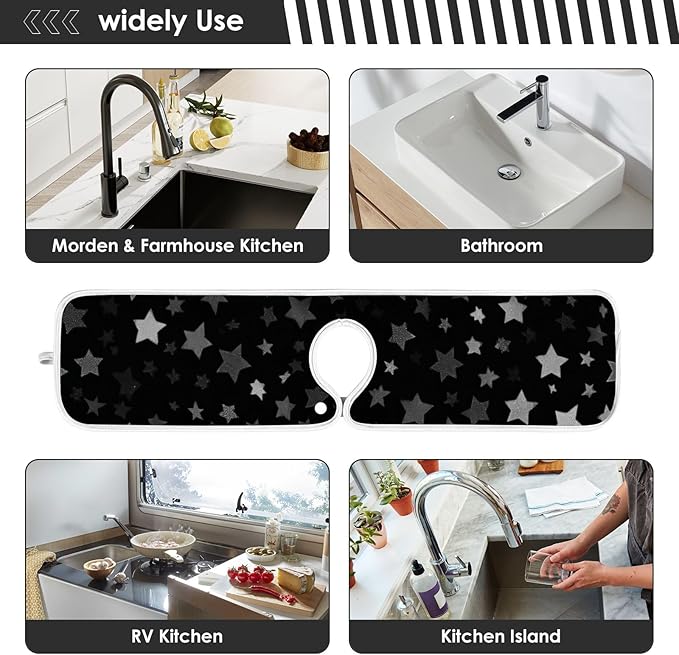 2 PCS Kitchen Sink Splash Guard 30 Inch Faucet Mat for Kitchen Sink Bathroom Sink Faucet Absorbing Drip Drain Mat Pad Microfiber Soft Washable Black and Blue Stars